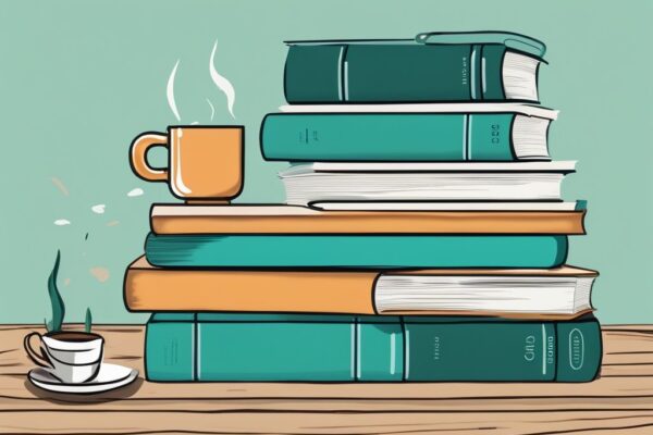 Modern digital painting of a stack of 10 real estate books for beginners on a wooden table with glasses and a coffee mug, featuring a teal color theme.