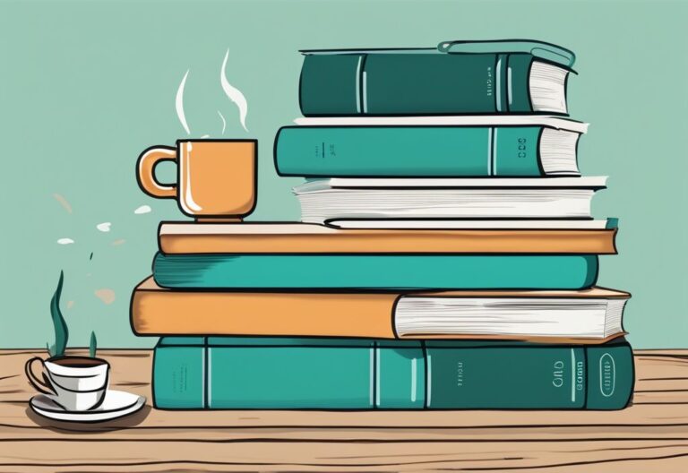 Modern digital painting of a stack of 10 real estate books for beginners on a wooden table with glasses and a coffee mug, featuring a teal color theme.