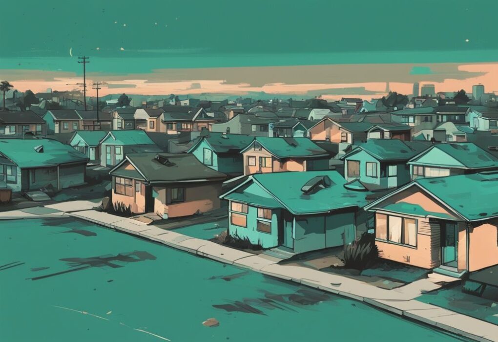 Modern digital painting of suburban area showing external obsolescence in real estate, with dated houses amidst new complexes, in teal color theme.