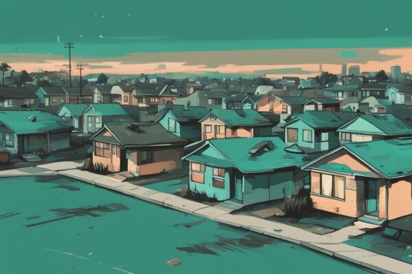 Modern digital painting of suburban area showing external obsolescence in real estate, with dated houses amidst new complexes, in teal color theme.