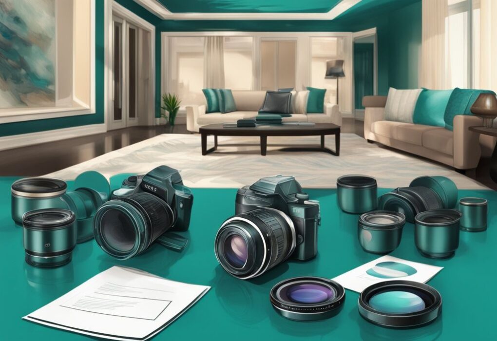 Modern digital painting of various camera lenses on a table with a placard for real estate photography, showcasing the best lens for real estate photography against a luxurious property backdrop in teal theme.