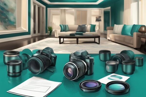 Modern digital painting of various camera lenses on a table with a placard for real estate photography, showcasing the best lens for real estate photography against a luxurious property backdrop in teal theme.