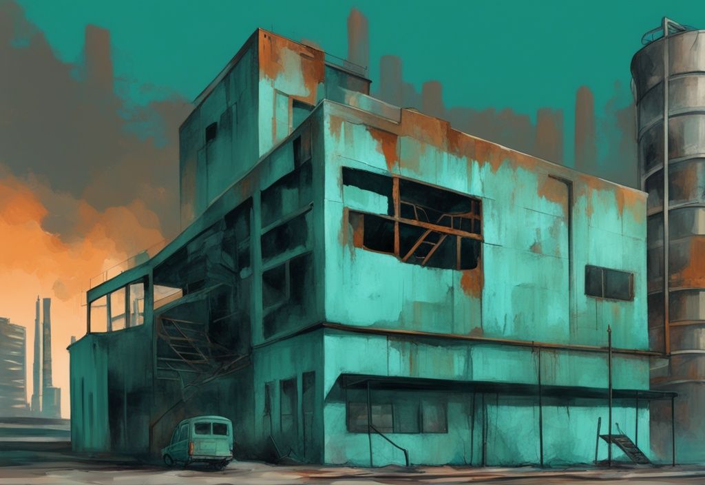 Digital painting of an abandoned rusted factory overshadowed by modern office buildings in a teal color theme