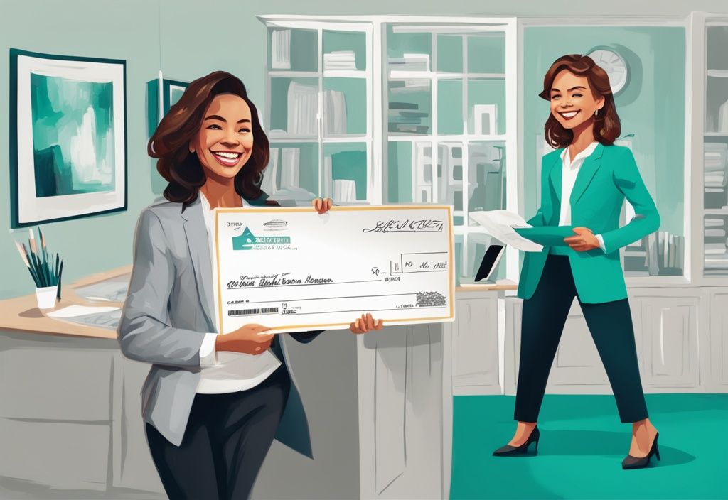 Teal-themed digital painting of a smiling real estate agent holding a large check, symbolizing her GCI in real estate.