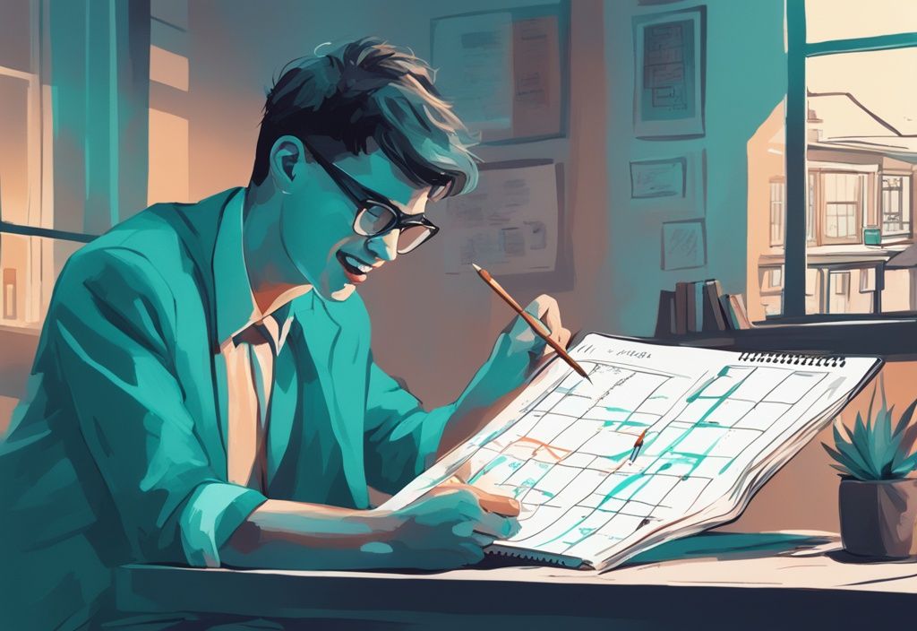 Young individual studying with teal-themed digital painting, calendar in background marking real estate agent timeline.