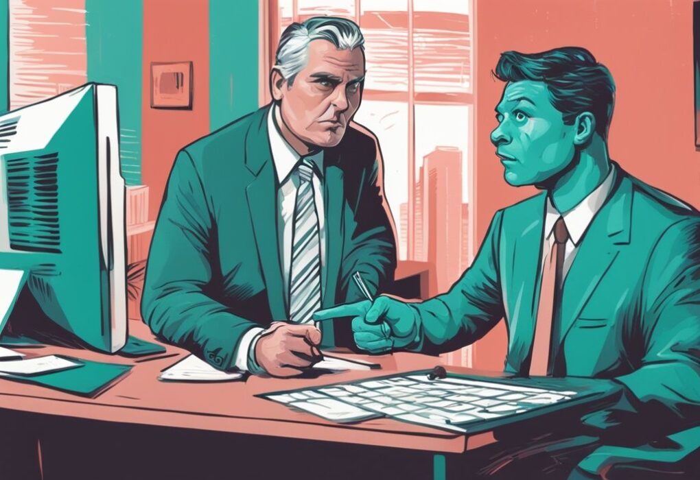 Modern digital painting illustration of a disgruntled homebuyer pointing at a shifty real estate agent, with a lawyer calculating in the background; explores themes of "how much can you sue a real estate agent for" with a teal color scheme.