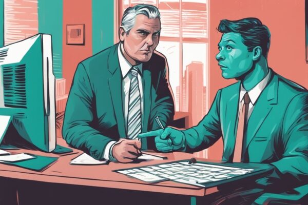 Modern digital painting illustration of a disgruntled homebuyer pointing at a shifty real estate agent, with a lawyer calculating in the background; explores themes of "how much can you sue a real estate agent for" with a teal color scheme.