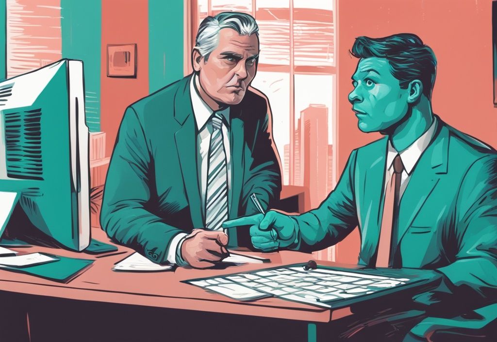 Modern digital painting illustration of a disgruntled homebuyer pointing at a shifty real estate agent, with a lawyer calculating in the background; explores themes of "how much can you sue a real estate agent for" with a teal color scheme.