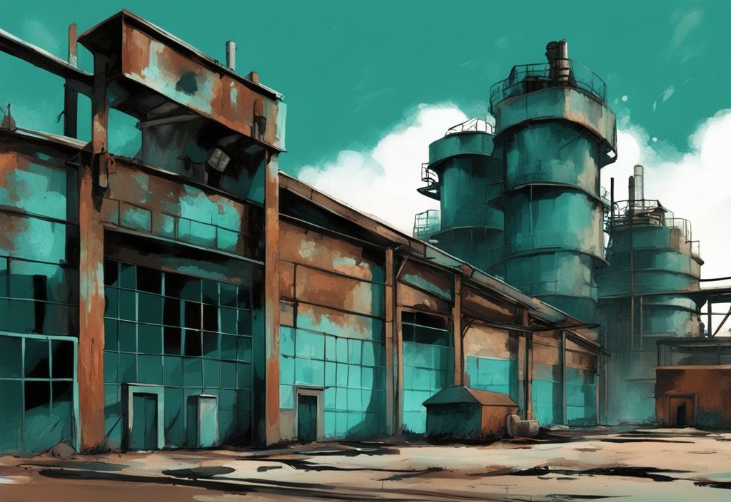 Modern digital painting of an abandoned rusted factory with teal theme, overshadowed by sleek ultra-modern office buildings.