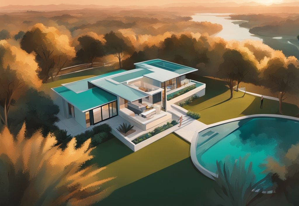 A modern digital painting of a high-end drone capturing aerial photos of a luxurious home during golden hour, showcasing the best drone for real estate photography amidst a lush, teal-themed landscape.