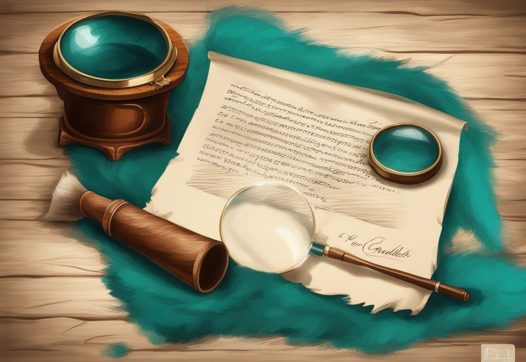 Modern digital painting of a teal-themed Grandfather Clause concept, featuring parchment on a wooden table, magnifying glass highlighting "Grandfather Clause," and a feathered quill.