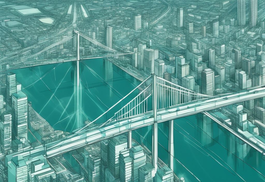 Aerial cityscape digital painting with teal theme, featuring blueprint-style lines and dots illustrating real estate bridge method.