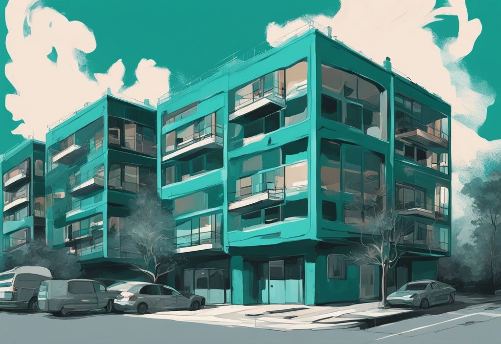 Digital painting illustrating teal-themed real estate concepts: building conversion into multiple units and property commingling under single management.