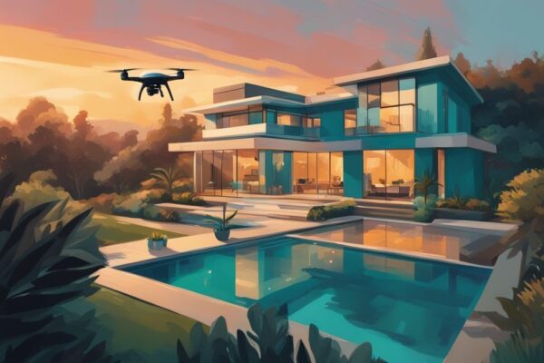 Modern digital painting of a high-end drone capturing aerial photos of a luxurious home in a lush landscape at golden hour, showcasing the best drone for real estate photography.