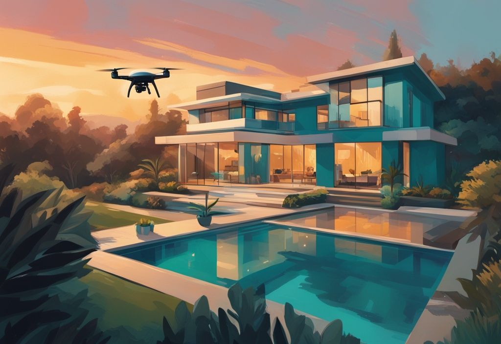 Modern digital painting of a high-end drone capturing aerial photos of a luxurious home in a lush landscape at golden hour, showcasing the best drone for real estate photography.