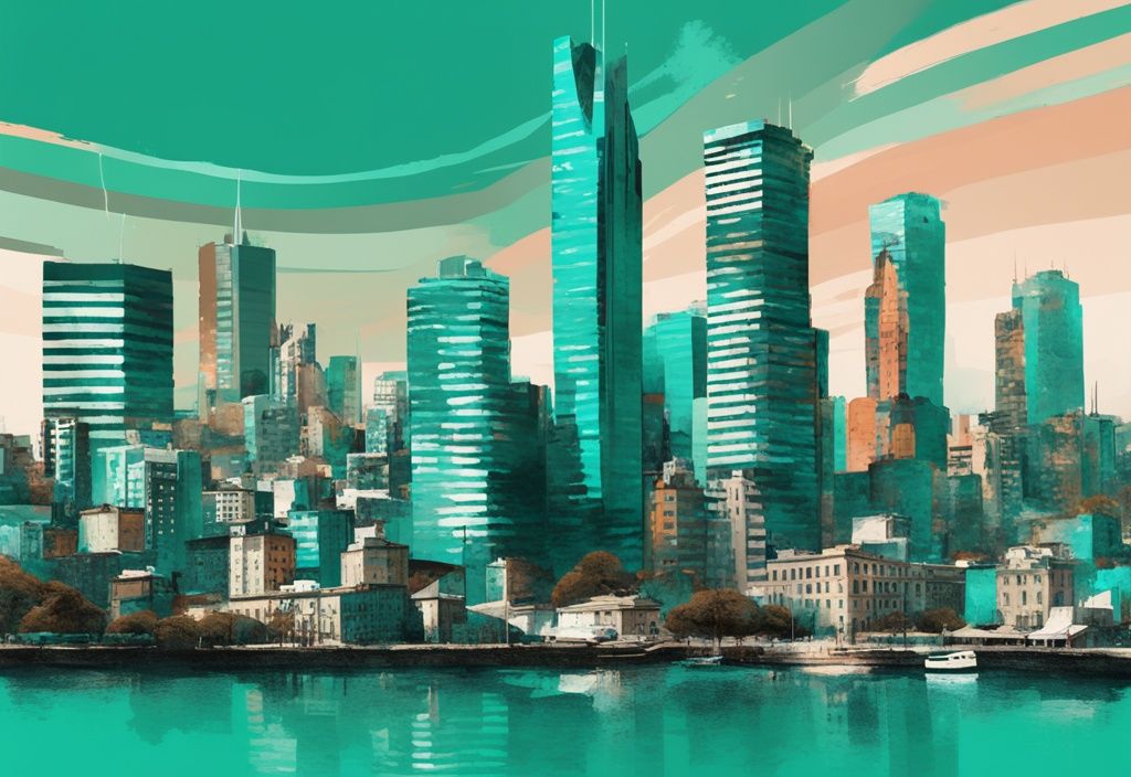 Modern digital painting of Buenos Aires cityscape in teal, featuring skyscrapers and residential areas with superimposed graphics of fluctuating real estate prices.