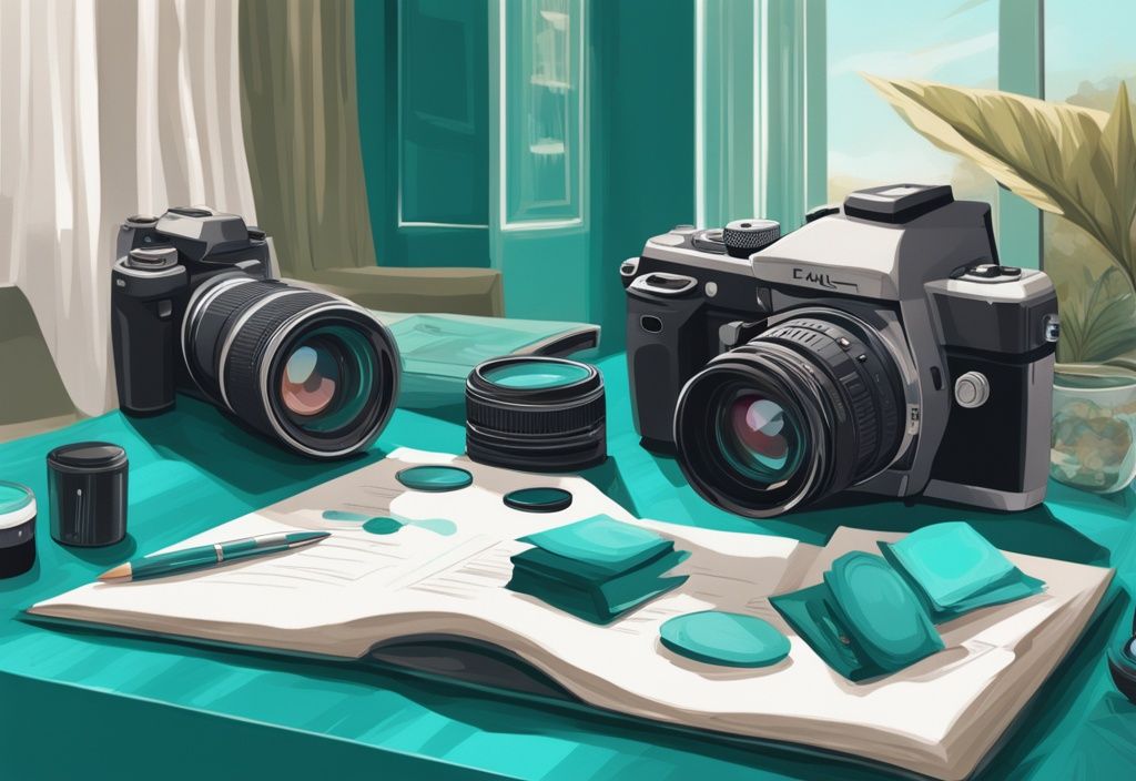 Modern digital painting of camera lenses on a table with a pamphlet for best lens for real estate photography, set against a luxurious property backdrop.