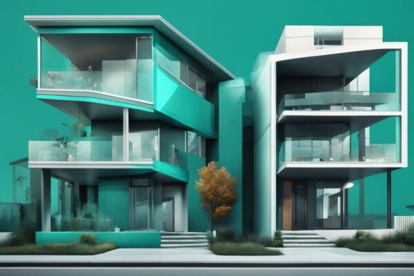 Modern digital painting illustrating Conversion vs. Commingling in real estate, featuring teal-themed adjacent properties with one being upgraded and the other showcasing mixed assets.