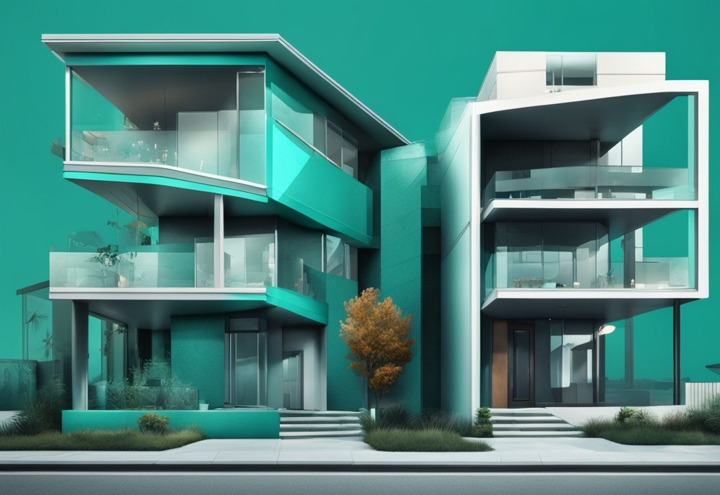 Modern digital painting illustrating Conversion vs. Commingling in real estate, featuring teal-themed adjacent properties with one being upgraded and the other showcasing mixed assets.