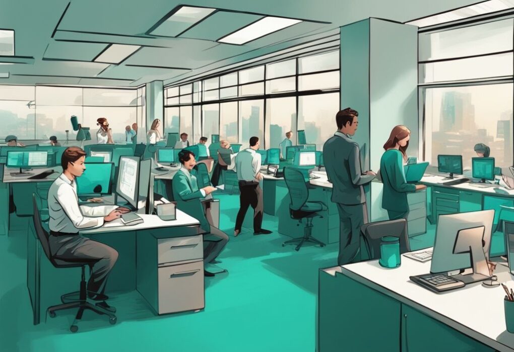 Modern digital painting of a bustling office scene in teal, showcasing employees working on real estate investment trusts, with a job counter in the foreground displaying how many jobs are available in real estate investment trusts.