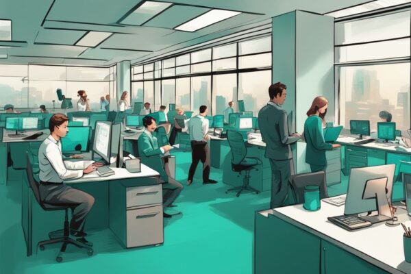 Modern digital painting of a bustling office scene in teal, showcasing employees working on real estate investment trusts, with a job counter in the foreground displaying how many jobs are available in real estate investment trusts.