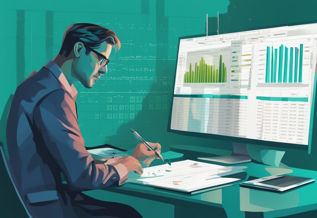 Modern digital painting of a realtor evaluating a spreadsheet with numbers, charts, and graphs to illustrate how a financial analysis in real estate is being done, with a teal color theme.