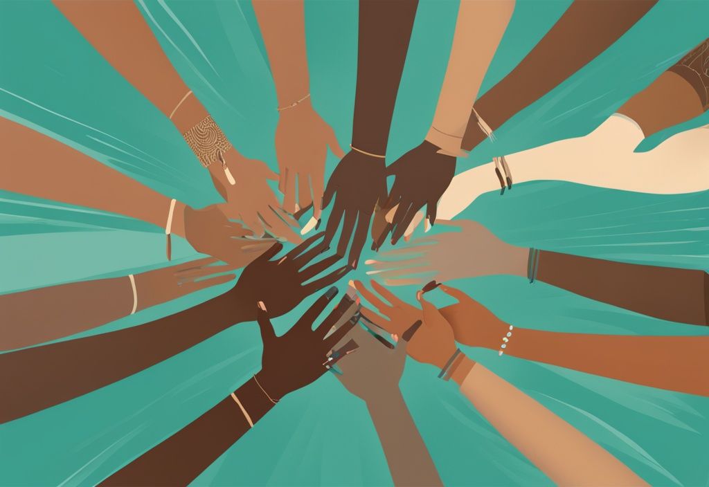 Modern digital painting of diverse hands interlacing, symbolizing commingling, with a teal color theme.