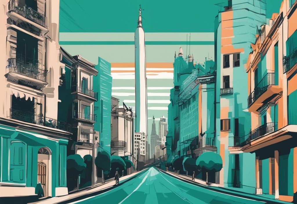 Modern digital painting illustrating Buenos Aires real estate prices analysis with a teal-themed bar graph and iconic landmarks like Obelisco and Casa Rosada in the background.