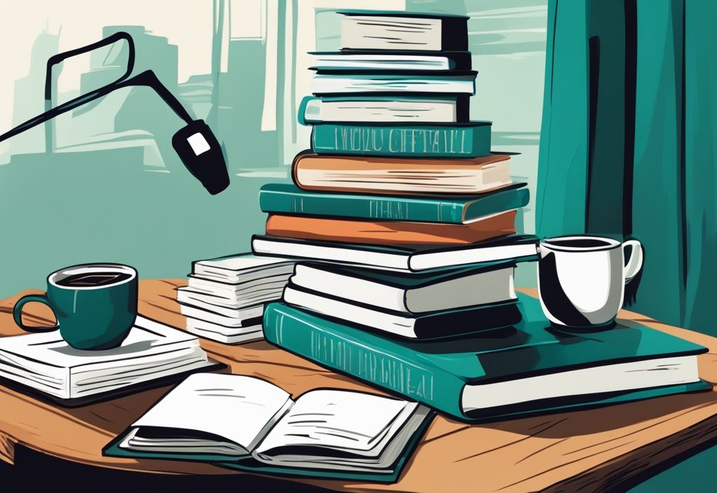 Modern digital painting of a stack of 10 real estate books for beginners on a wooden table, featuring teal color theme, with glasses and a coffee mug nearby.