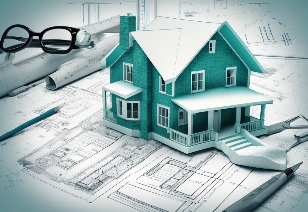 Modern digital painting of house blueprint with teal theme, featuring financial graphs and measuring tools for real estate analysis.