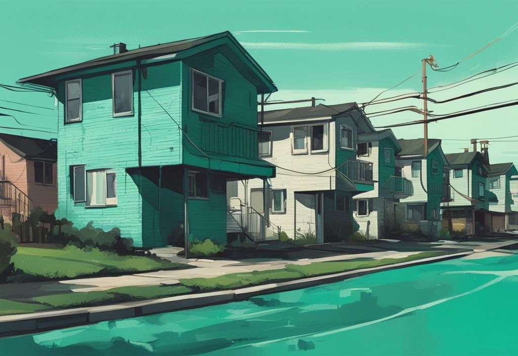 Modern digital painting of suburban residential area illustrating external obsolescence in real estate with dated houses and modern complexes, main color theme teal.