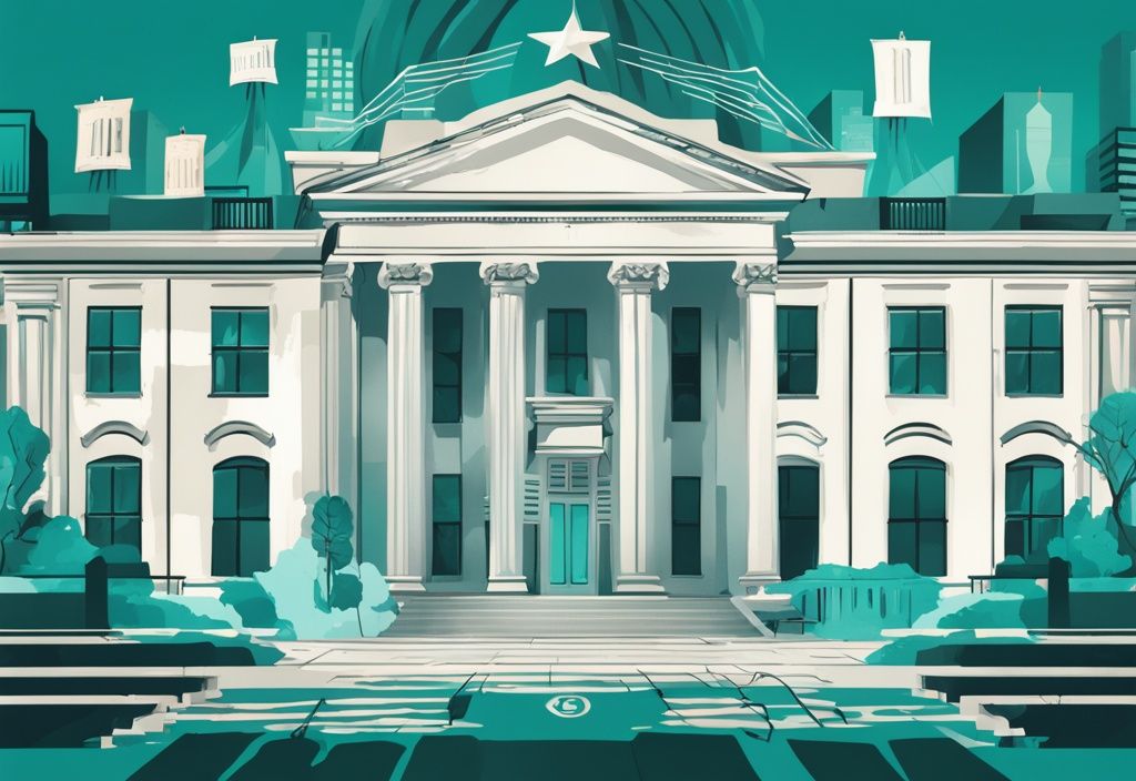 Modern digital painting of DOJ emblem with real estate icons in teal theme, symbolizing DOJ's impact on real estate commissions.