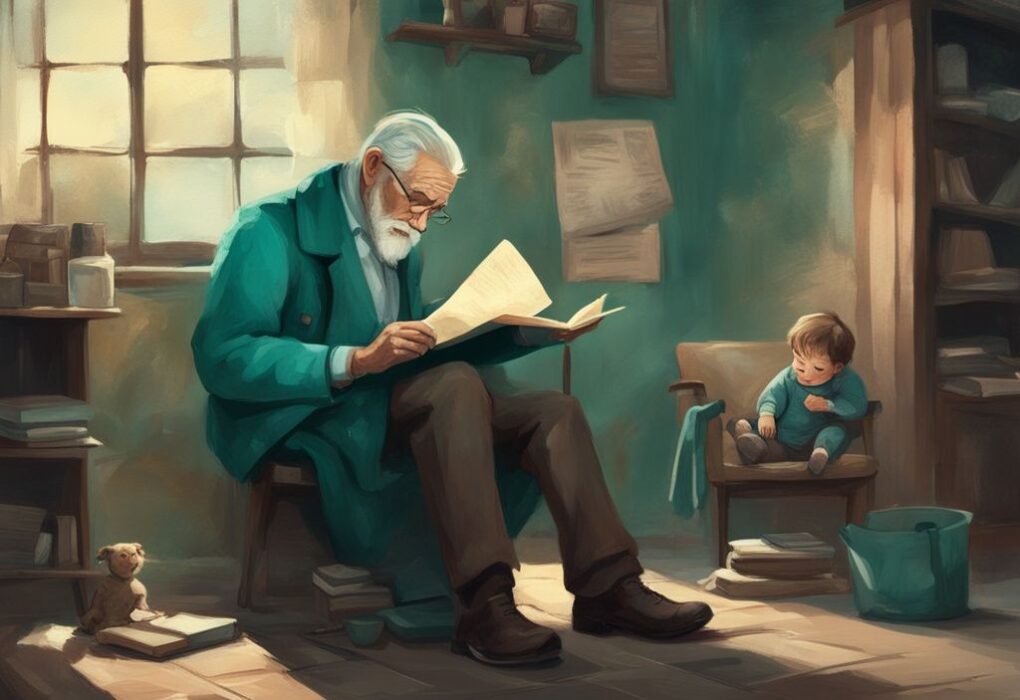 Aged man reading "Grandfather clause" document with child on lap, vintage setting, grandfather clause in real estate theme, teal color.