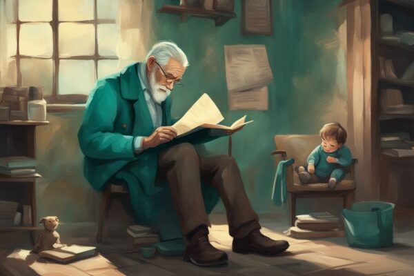 Aged man reading "Grandfather clause" document with child on lap, vintage setting, grandfather clause in real estate theme, teal color.