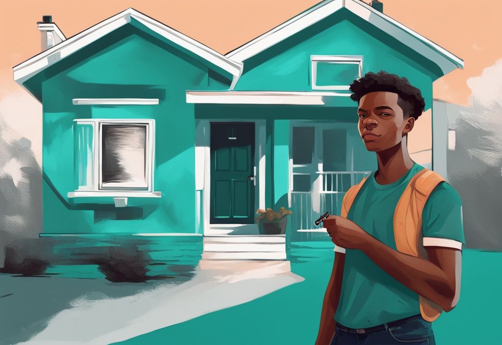 Young adult holding keys in front of new property, modern digital painting with teal theme.