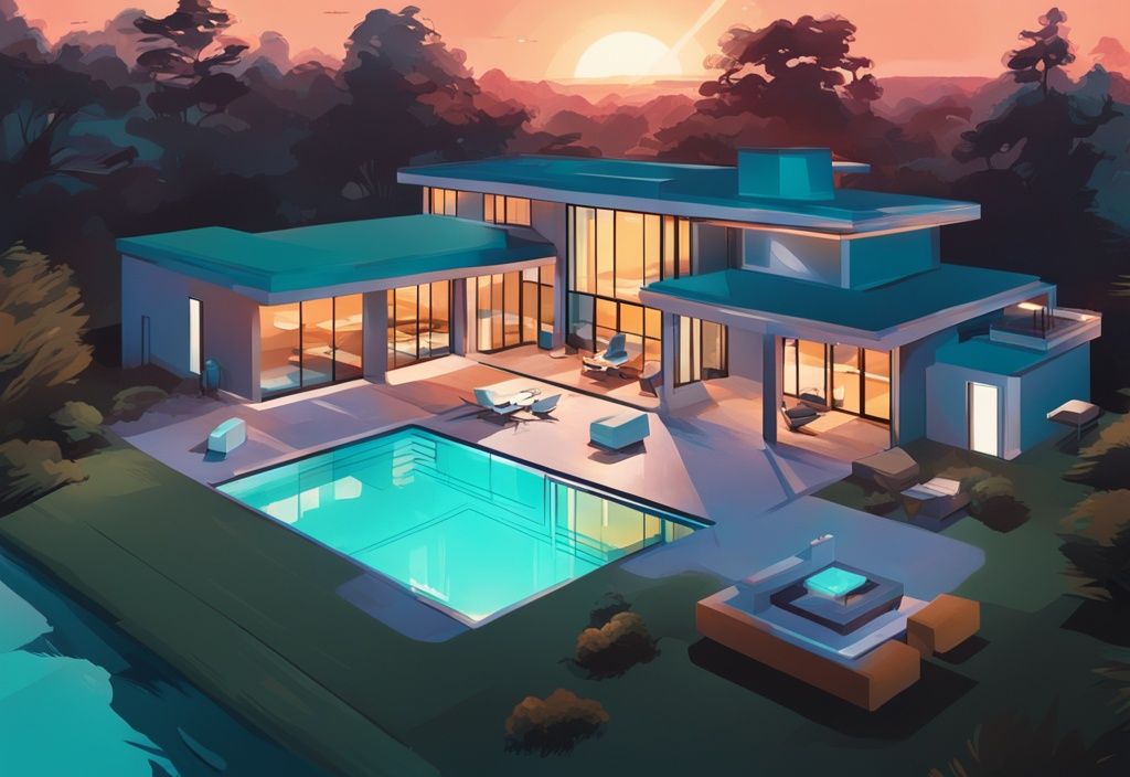 Modern digital painting of high-tech drone capturing luxury real estate at sunset in teal color theme.