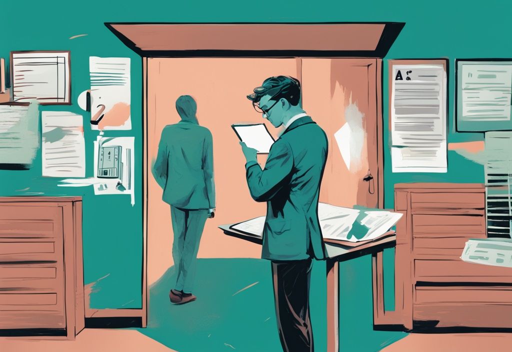 Modern digital painting of a person holding a real estate license and misdemeanor record, contemplating a question mark, teal color theme.