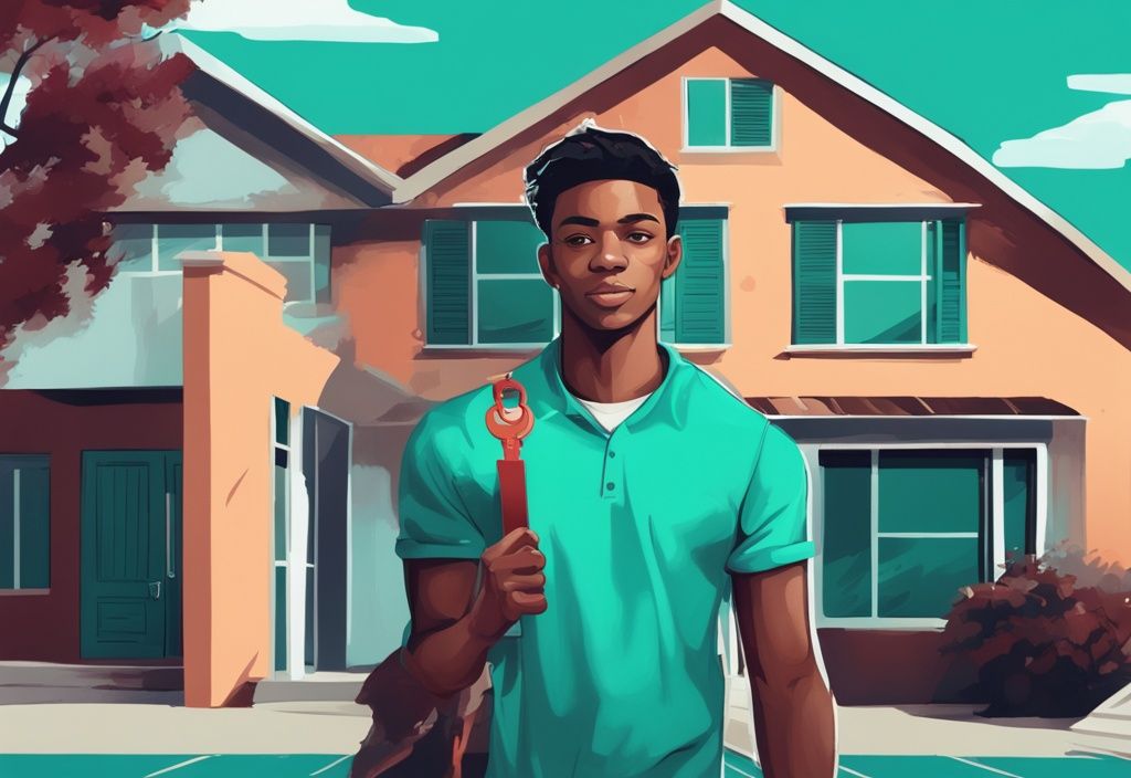 Young adult holding keys in front of new property, modern digital painting with teal color theme.