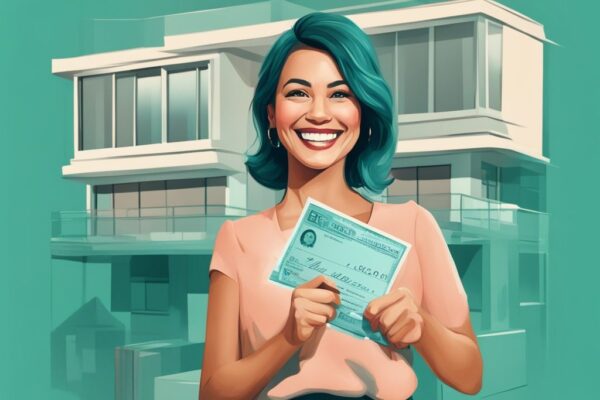 Modern digital painting of a smiling real estate agent holding a large check representing GCI in real estate, with a teal color theme.