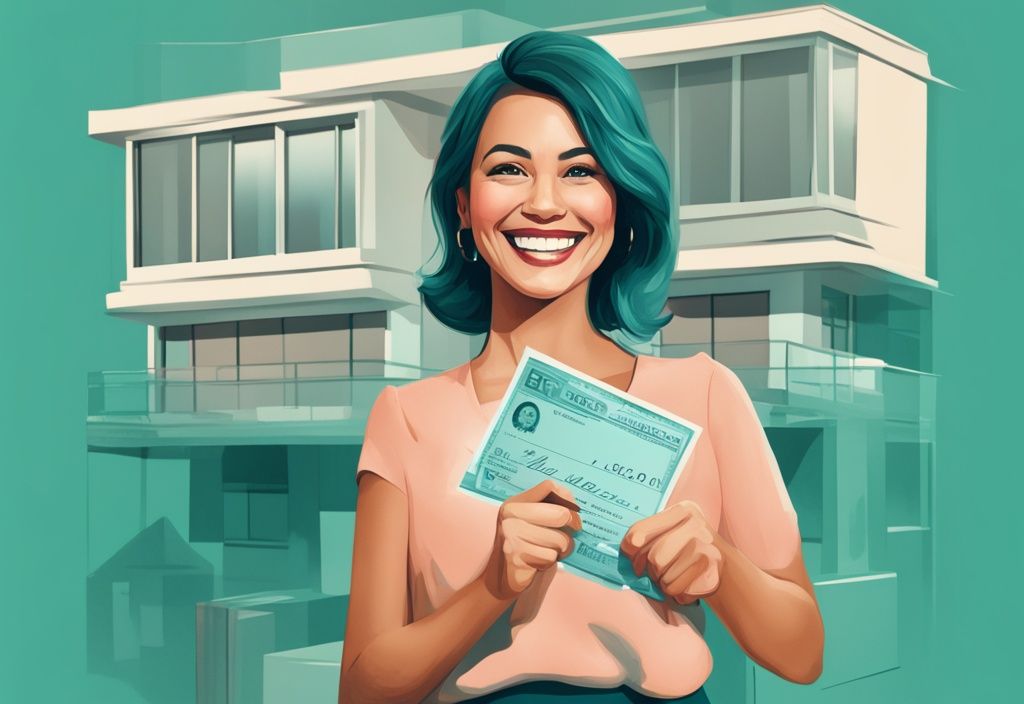 Modern digital painting of a smiling real estate agent holding a large check representing GCI in real estate, with a teal color theme.