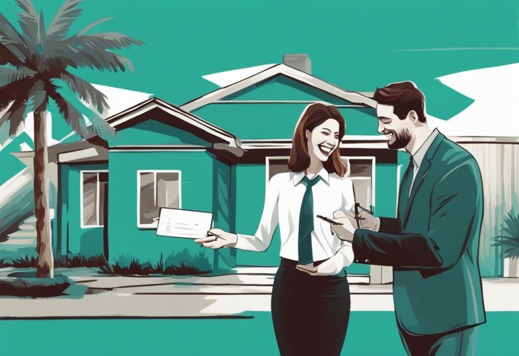 Modern digital painting of a real estate agent receiving a cheque from a satisfied client in front of a sold property, illustrating how do real estate agents get paid, with a teal color theme.