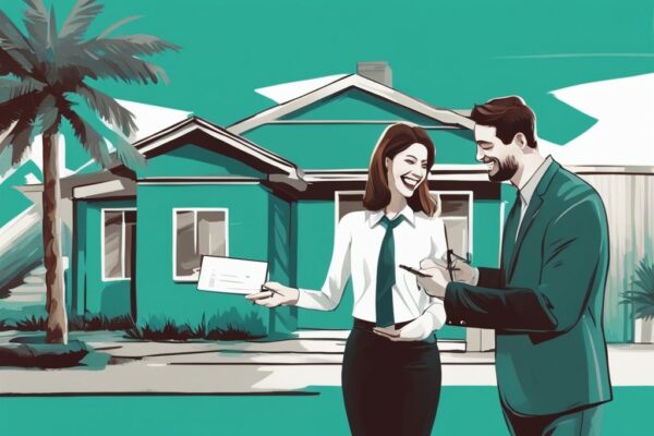 Modern digital painting of a real estate agent receiving a cheque from a satisfied client in front of a sold property, illustrating how do real estate agents get paid, with a teal color theme.