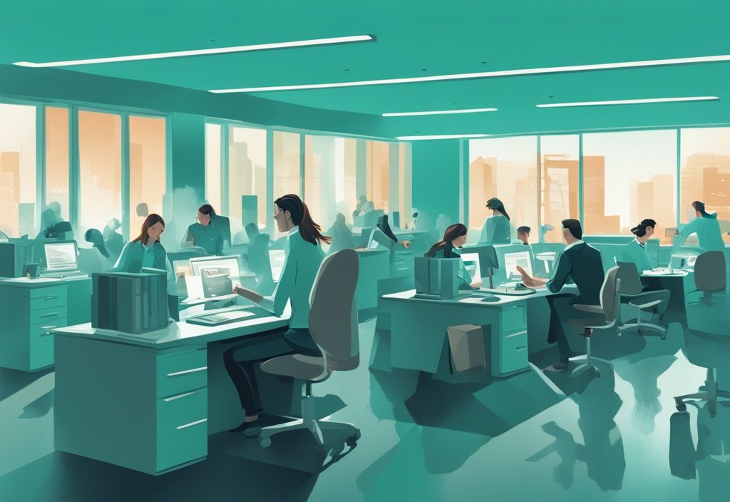 Modern digital painting of a bustling office scene with employees engaged in real estate investment trusts tasks; foreground counter shows how many jobs are available in real estate investment trusts, featuring a teal color theme.