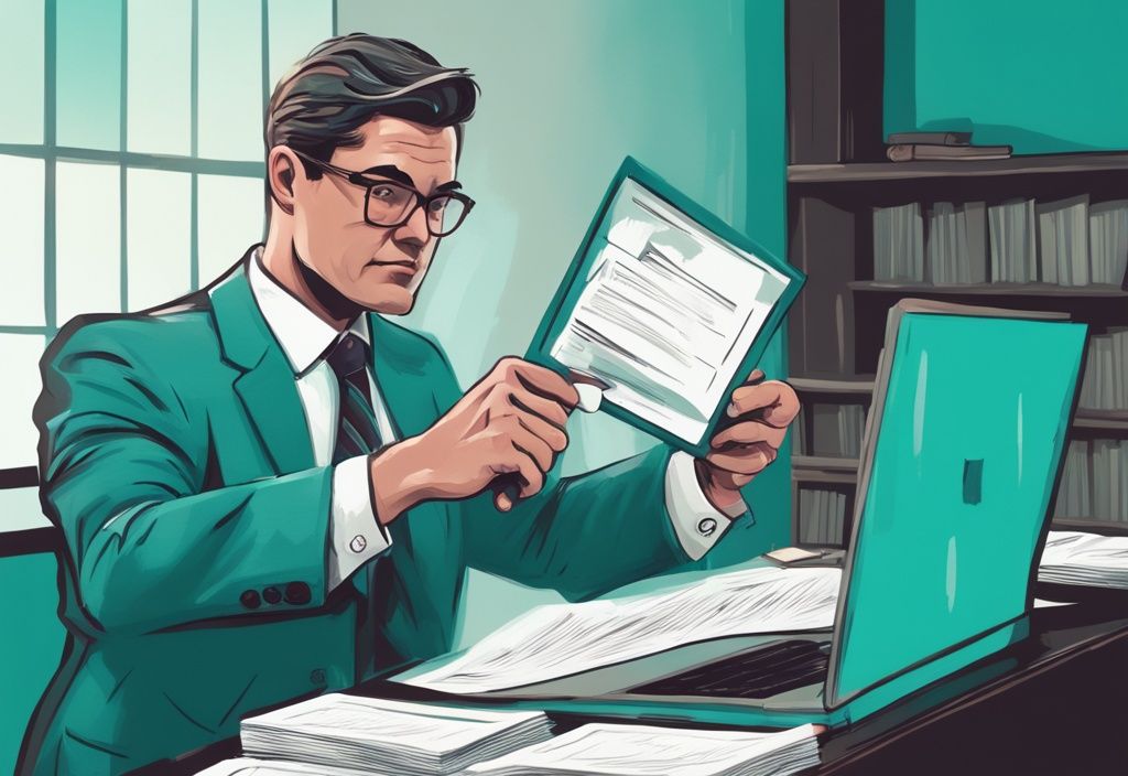 Modern digital painting of a real estate agent in teal theme, holding a house-shaped sign and legal documents, with a faded misdemeanor symbol; explores "can you be a real estate agent with a misdemeanor".