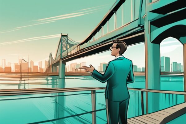 Modern digital painting of a real estate agent explaining the bridge method in real estate using a bridge structure metaphor in a virtual presentation, with a teal color theme.