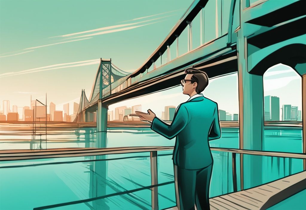 Modern digital painting of a real estate agent explaining the bridge method in real estate using a bridge structure metaphor in a virtual presentation, with a teal color theme.