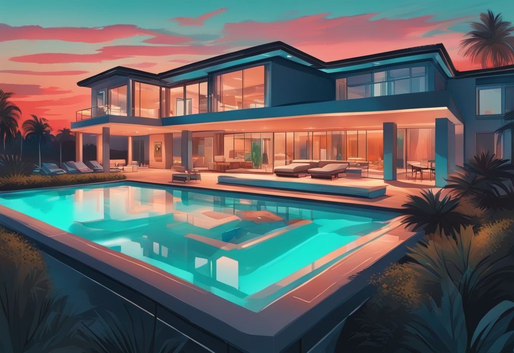 Modern digital painting of a high-tech drone capturing aerial images of luxury real estate at sunset, featuring a teal color theme.