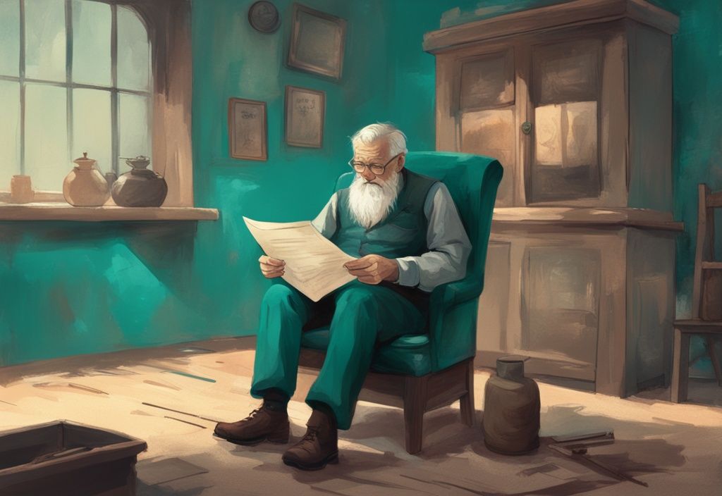 Aged man reading "Grandfather clause" document with child on lap, illustrating grandfather clause in real estate amidst vintage surroundings, teal color theme.