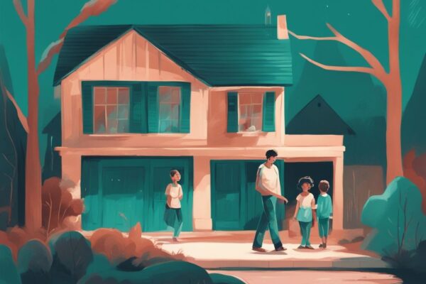 Modern digital painting illustration with teal theme showing a timeline of age milestones from childhood to old age, highlighting a young adult holding a model house, exploring at what age can you start real estate.