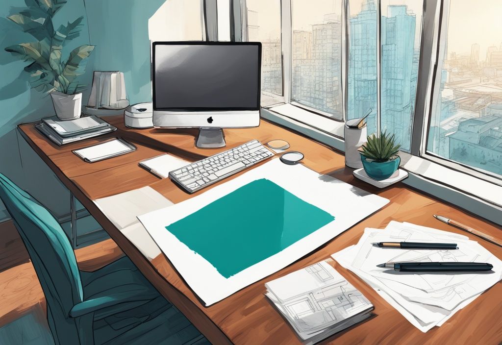 Modern digital painting of a wide-angle lens and camera on desk with house blueprints and lit room snapshot, teal color theme, real estate photography.